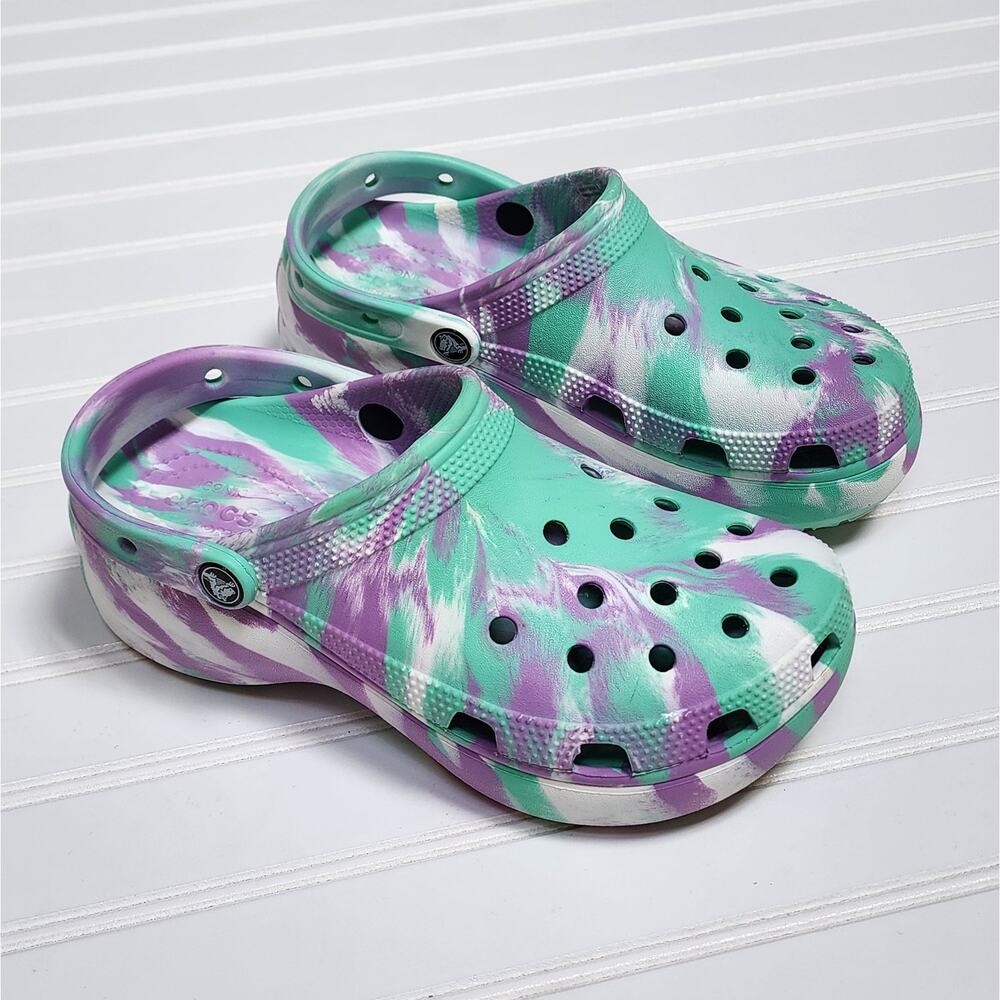 Crocs Women's Classic Platform Marbled Green Purple White Clogs/Sandals Size 8